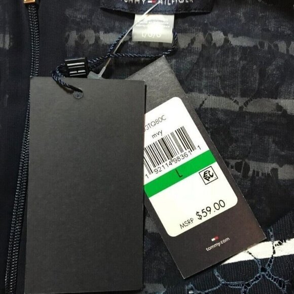 Tommy Hilfiger L Navy Blue Sheer Floral Striped Lined Zip Back Sleeveless Top - Picture 7 of 7